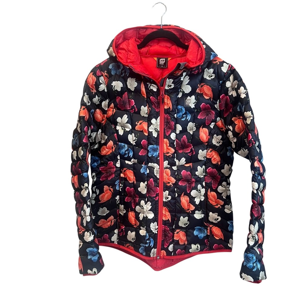 Orage Women Floral‎ Down Puffer Jacket Hooded Quilted Insulated Navy Red L